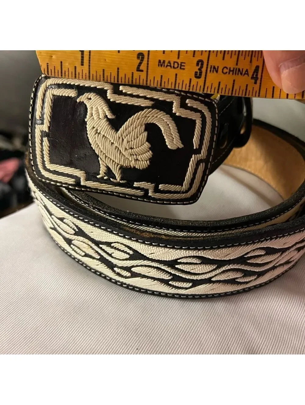 Vintage Rooster Belt Embroidered Buckle Leather Rockabilly Black White XL